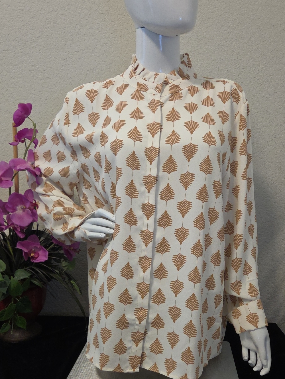 Ann Taylor Cream Shirt with Brown Leaf Print